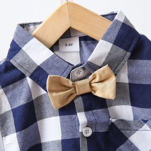 PP-2pcs Toddler Boy Casual Plaid Shirt & Khaki Shorts Set PP77