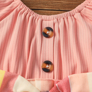PP-2pcs Baby Girl White Ribbed Splicing Striped Bowknot Frill Puff PP88