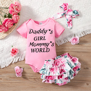 PP-3pcs Baby Girl 95% Cotton Short-Sleeve Letter Print Romper And Floral Print PP24