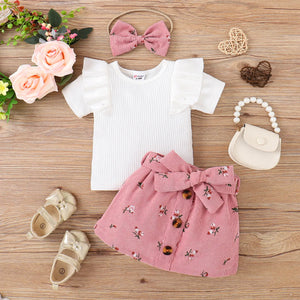 PP-3pcs Baby Girl 95% Cotton Ribbed Ruffle Short-sleeve Tee and Floral Print PP517
