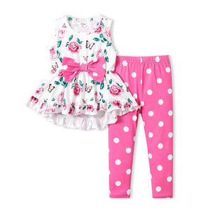 PP-Toddler Girls Clothes Baby Girls Outfits 2 Piece Floral Bowknot Ruffled Sleeveless Tee PP212