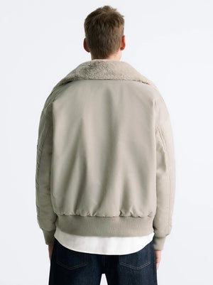 ZR-Men's 'Beige' Sherpa Collar Beige Bomber Jacket ZR-024