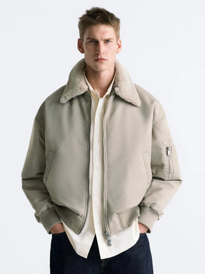 ZR-Men's 'Beige' Sherpa Collar Beige Bomber Jacket ZR-024