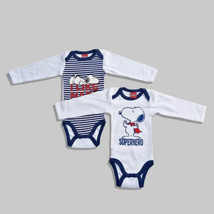 PEANUTS - Boys 'Blue & White' snoopy printed full sleeve Pack of two rompers PN160 (2670596587605)