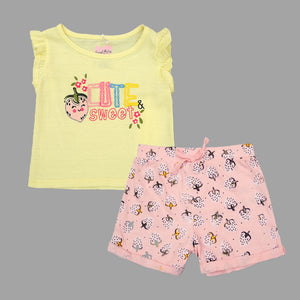 FS - Kids 'Yellow' Strawberry Graphic Premium Quality Soft Cotton 2PC Suit FS414
