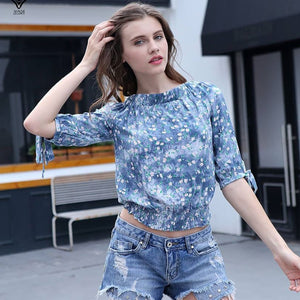 Z.E.E.B.R.A - Women 'Sky Blue' OffShoulder Floral Short Sleeves Top Blouse ZR1068