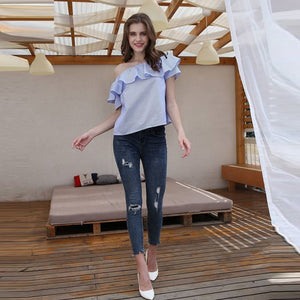 Z.E.E.B.R.A - Women 'Light Blue' OffShoulder Short Sleeves Top Blouse ZR1073