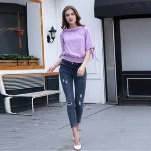 Z.E.E.B.R.A - Women 'Light Blue' OffShoulder Short Sleeves Top Blouse ZR1071